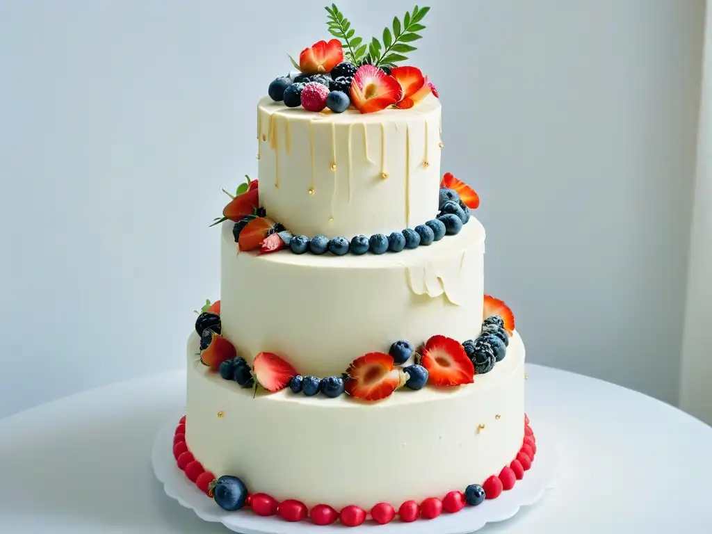 Un exquisito pastel de bodas orgánico decorado con bayas frescas, flores comestibles y vegetación, destilando elegancia natural