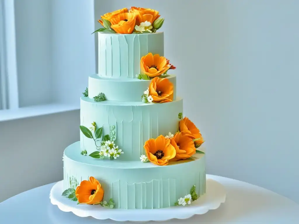 Un exquisito pastel de bodas de varios pisos con decoraciones florales detalladas, destacando la artesanía y elegancia del postre