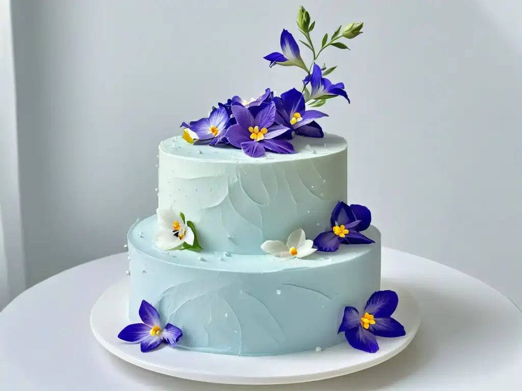 Un exquisito pastel de bodas de tres pisos con flores comestibles en tonos pastel sobre un soporte moderno, destacando la repostería artística