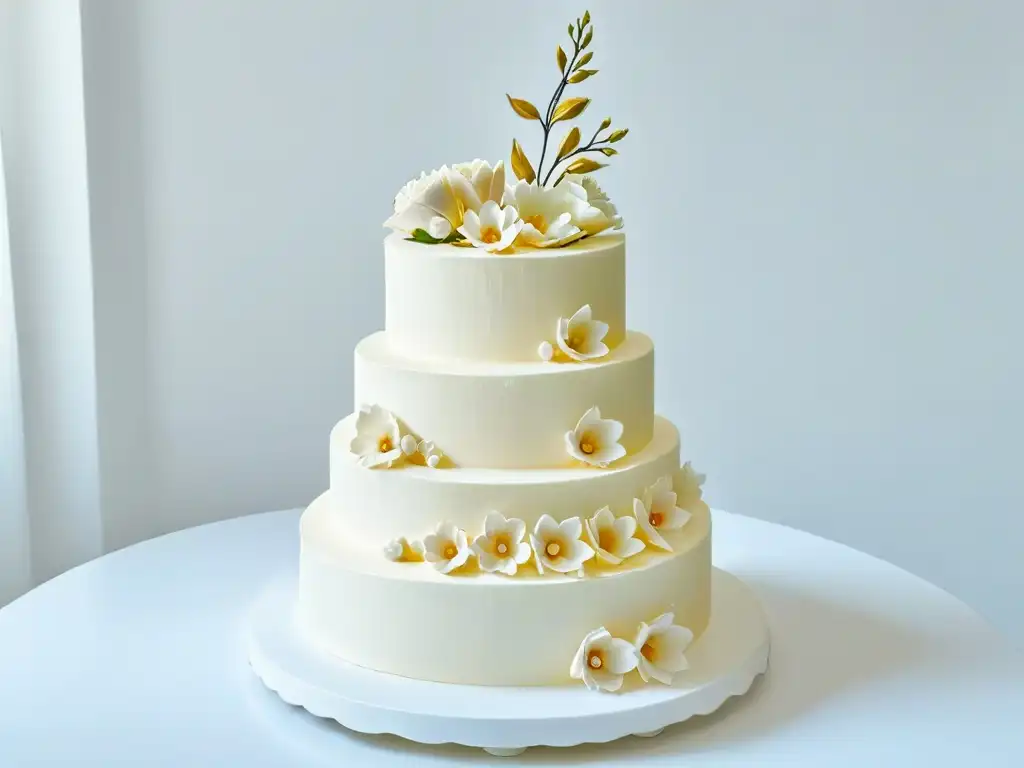 Exquisito pastel de bodas de tres pisos con decoraciones originales en tonos rosados y marfil, sobre fondo blanco limpio