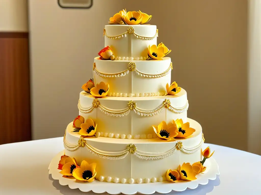 Exquisito pastel de bodas de tres pisos con decoraciones detalladas y florales