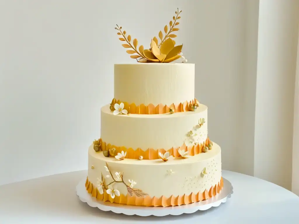 Un exquisito pastel de bodas de tres pisos con diseño tipo origami japonés, adornado con flores de cerezo y detalles en oro sobre fondo marfil