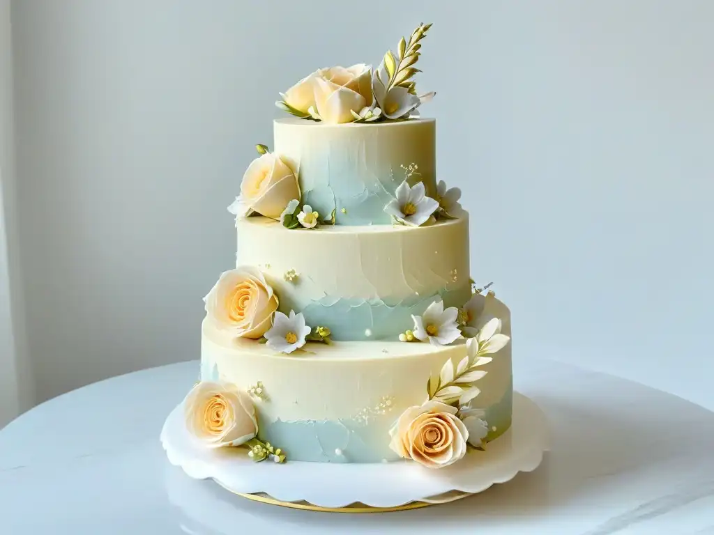 Exquisito pastel de capas con decoraciones florales, detalles dorados y encaje, ideal para fiestas de Quinceañera