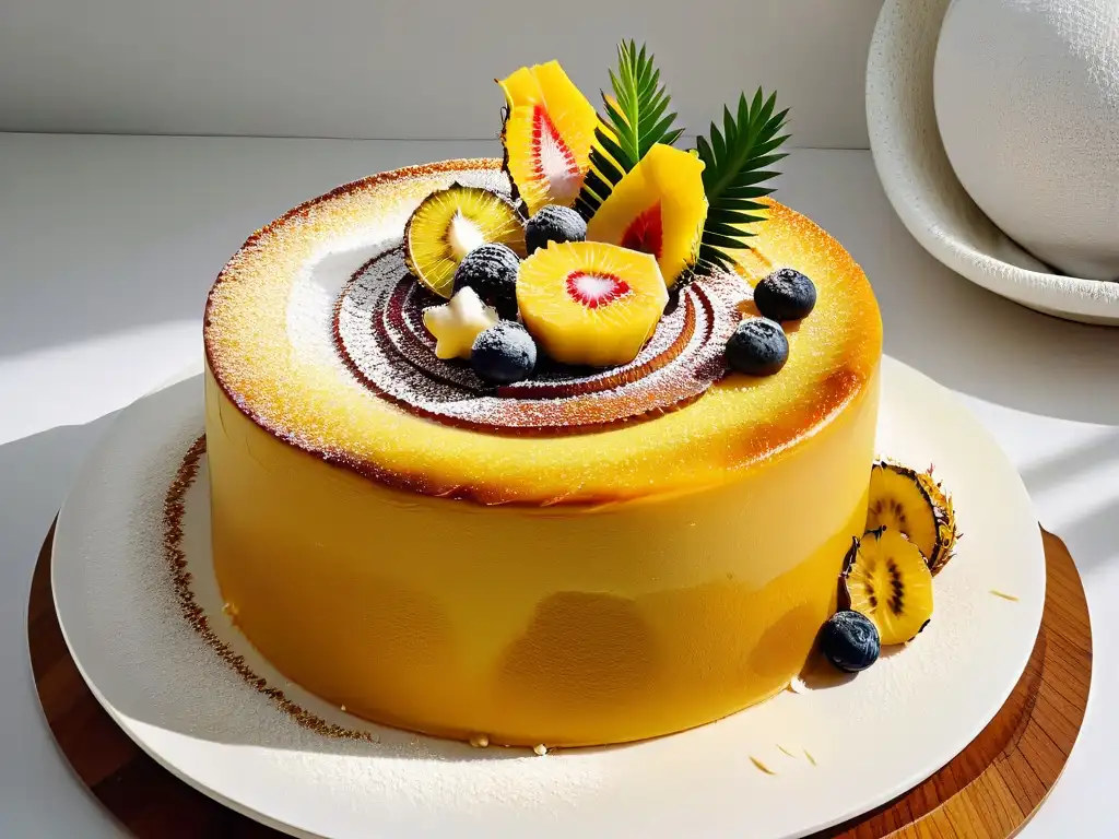 Un exquisito pastel caribeño de ron decorado con frutas tropicales y azúcar glas