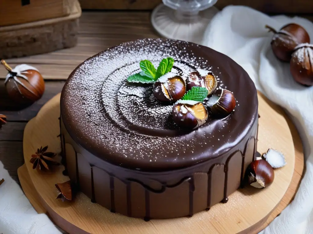 Un exquisito pastel de castañas y chocolate, decorado con azúcar glas, castañas y menta fresca