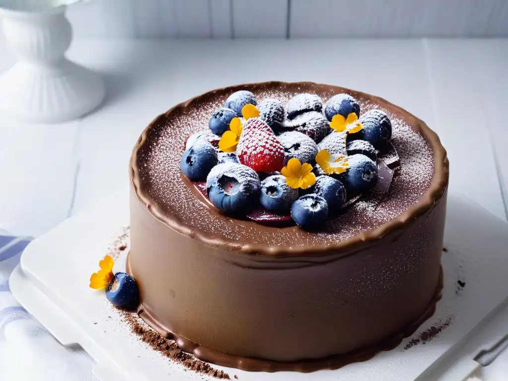 Un exquisito pastel de chocolate y aguacate decorado con frutas frescas y flores comestibles