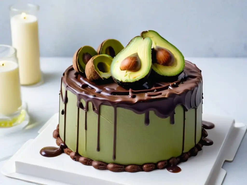 Un exquisito pastel de chocolate y aguacate, resaltando los beneficios del aguacate en repostería