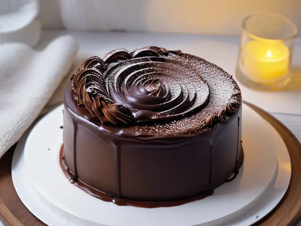 Un exquisito pastel de chocolate con algarroba en un elegante plato blanco, destacando los beneficios de la algarroba en recetas