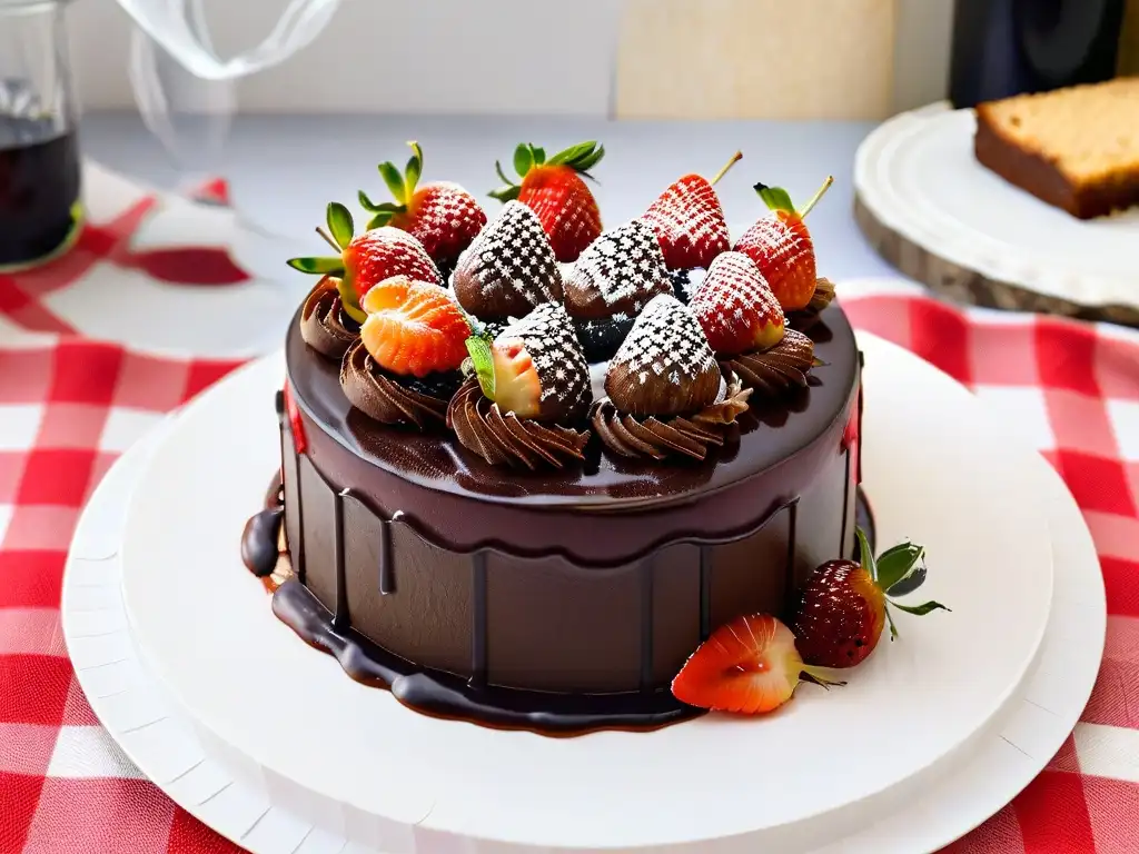 Un exquisito pastel de chocolate bañado en vinagre balsámico y decorado con fresas frescas