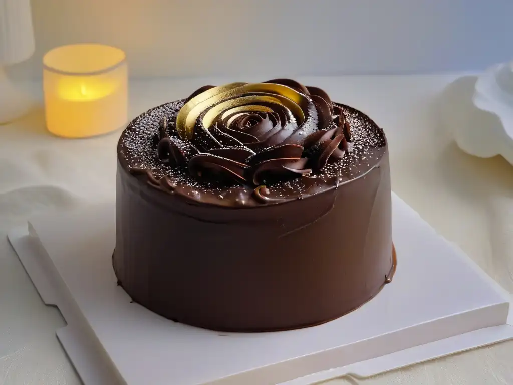 Exquisita torta de chocolate belga: lujo y sofisticación Un exquisito pastel de chocolate belga en una presentación lujosa y sofisticada