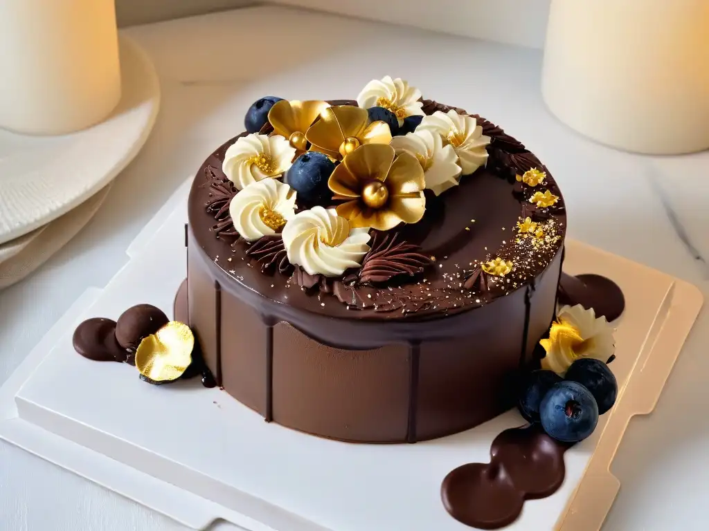 Exquisito pastel de chocolate con certificaciones, decorado con ganache y hojas de oro