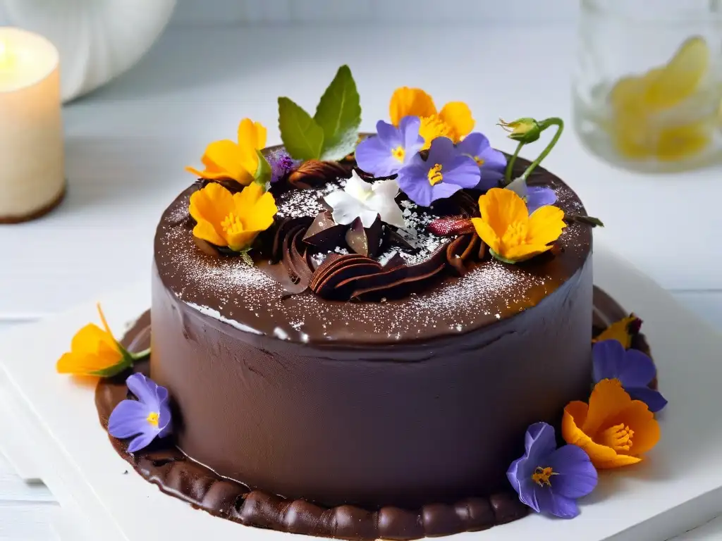 Un exquisito pastel de chocolate con combinaciones inesperadas de repostería: flores comestibles, sal marina y rodajas de chile