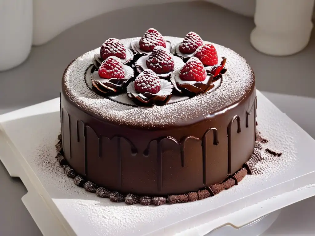 Un exquisito pastel de chocolate contemporáneo con decoración de frambuesas frescas y azúcar glas