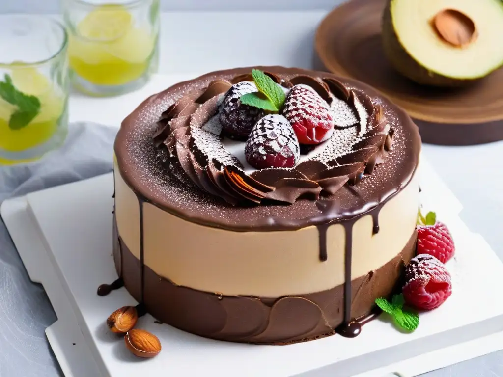 Exquisita tarta cruda de chocolate con frutos rojos y miel Un exquisito pastel de chocolate crudo con frambuesas frescas y miel, sobre mármol blanco