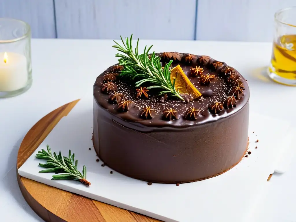 Un exquisito pastel de chocolate decorado con romero y canela, fusionando sabores inesperados