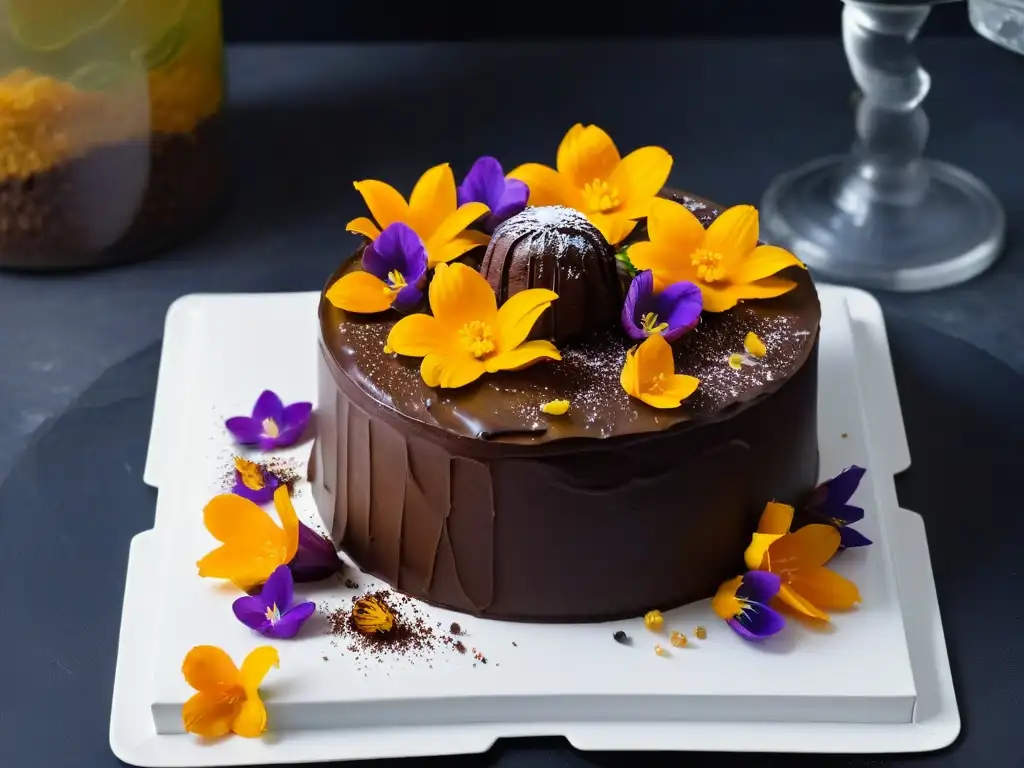 Un exquisito pastel de chocolate con flores comestibles y especias exóticas en un plato blanco moderno sobre fondo negro