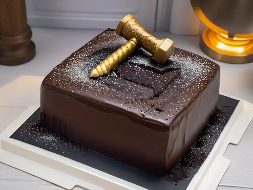 Un exquisito pastel de chocolate en forma de martillo de Thor, decorado con detalles dorados y polvo brillante, inspirado en Marvel