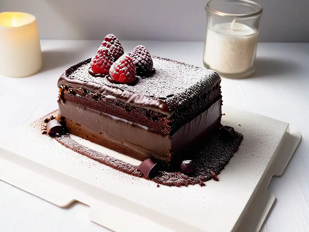 Dulce tentación: exquisito pastel de chocolate y frambuesa Un exquisito pastel de chocolate con frambuesa, rodeado de detalles y elegancia, ideal para estrategias reseñas positivas pastelerías