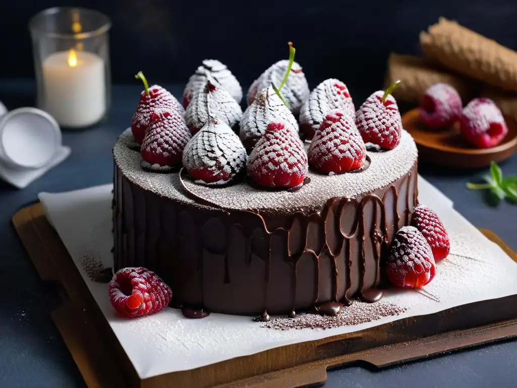 Exquisito pastel de quinoa y chocolate con frambuesas frescas, una delicia vibrante y saludable