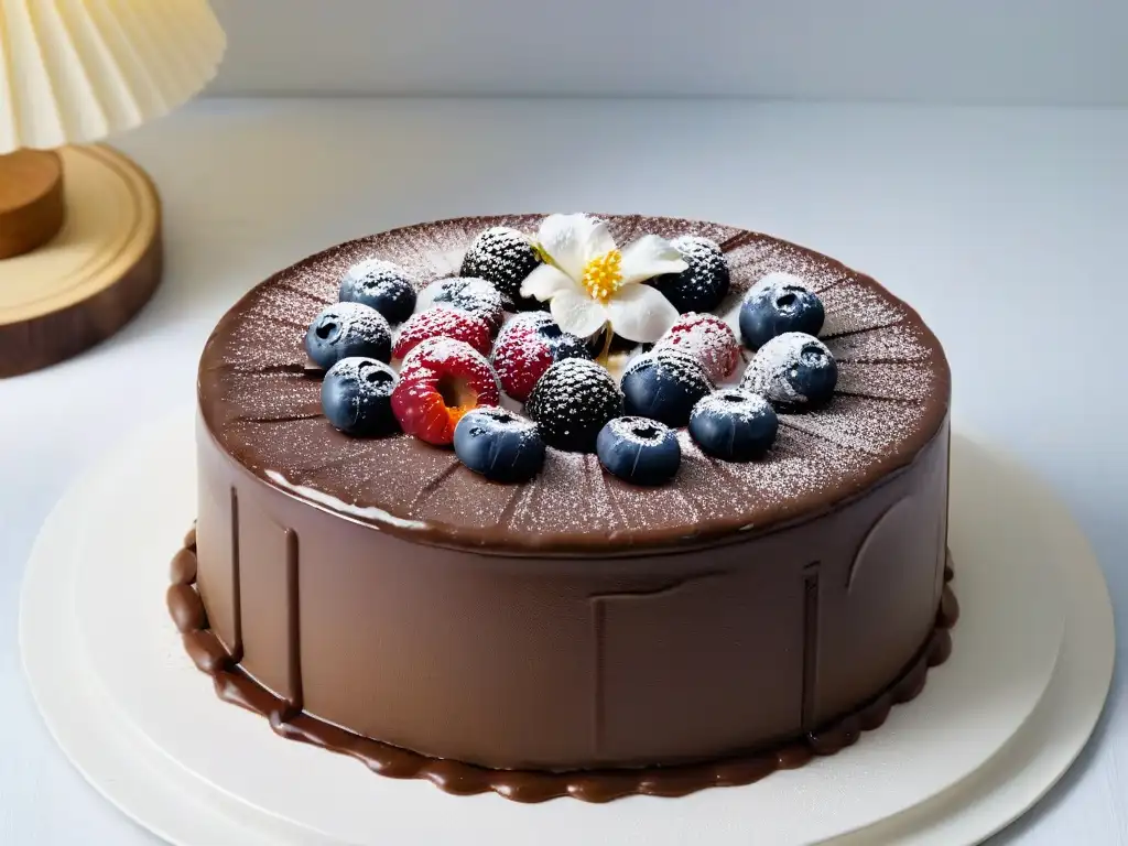 Un exquisito pastel de chocolate con frutos rojos y flores comestibles, resaltando los beneficios de los superalimentos en repostería gourmet