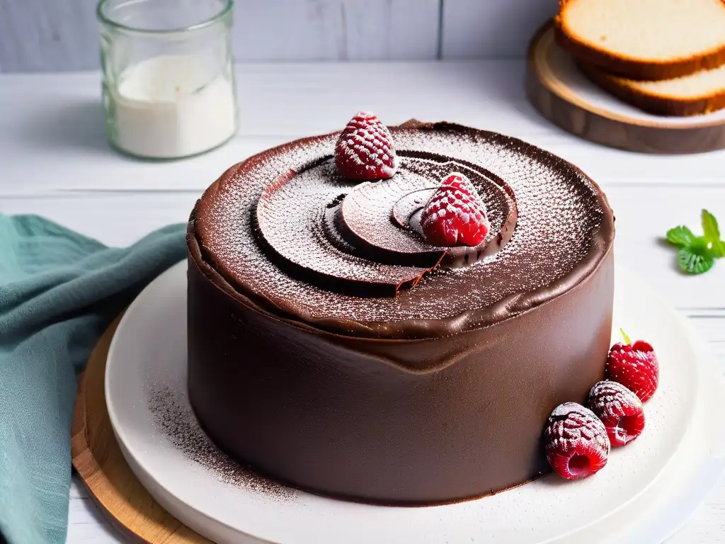 Un exquisito pastel de chocolate sin gluten con harina de almendras, decorado con frambuesas y menta fresca en un elegante plato blanco