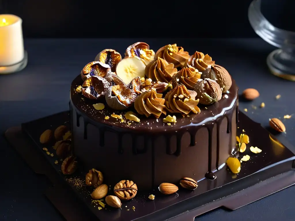 Un exquisito pastel de chocolate gourmet con aceite de nuez, nueces y láminas de oro comestible, en elegante contraste