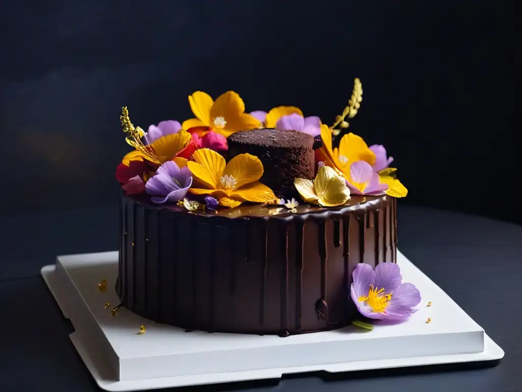 Un exquisito pastel de chocolate con hojas de oro y flores comestibles, sobre un elegante plato blanco moderno