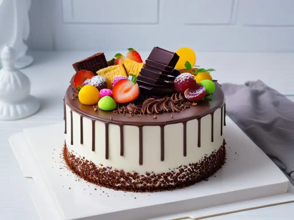 Un exquisito pastel de chocolate infantil adornado con chispas de colores y virutas de chocolate, sobre un soporte blanco impecable