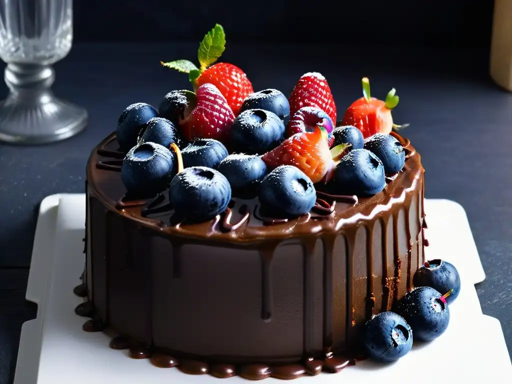 Un exquisito pastel de chocolate sin lácteos con frutos rojos, ganache y un elegante acabado brillante