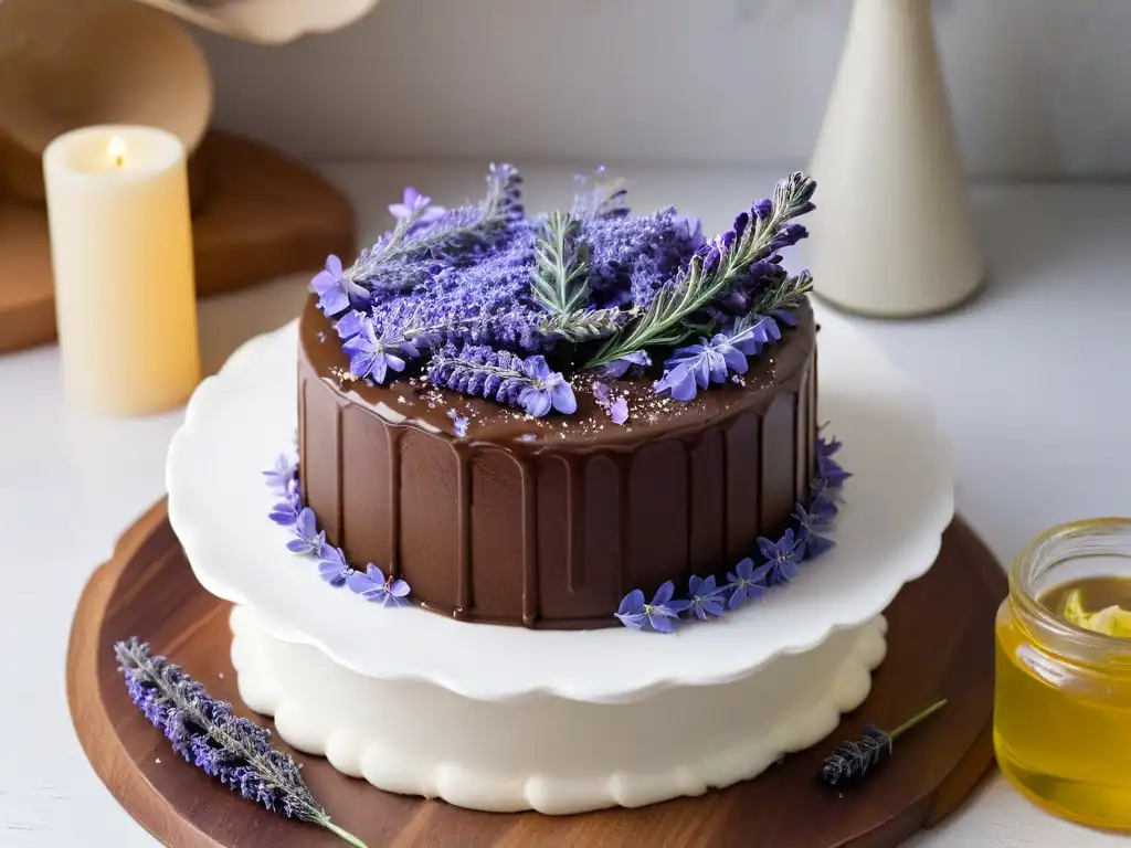 Un exquisito pastel de chocolate con lavanda, perfectamente decorado, en un ambiente de aromaterapia seductora