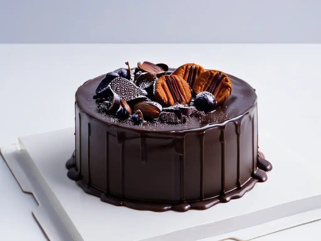 Un exquisito pastel de chocolate oscuro con un elegante grano de cacao, integrando sabores intensos en repostería