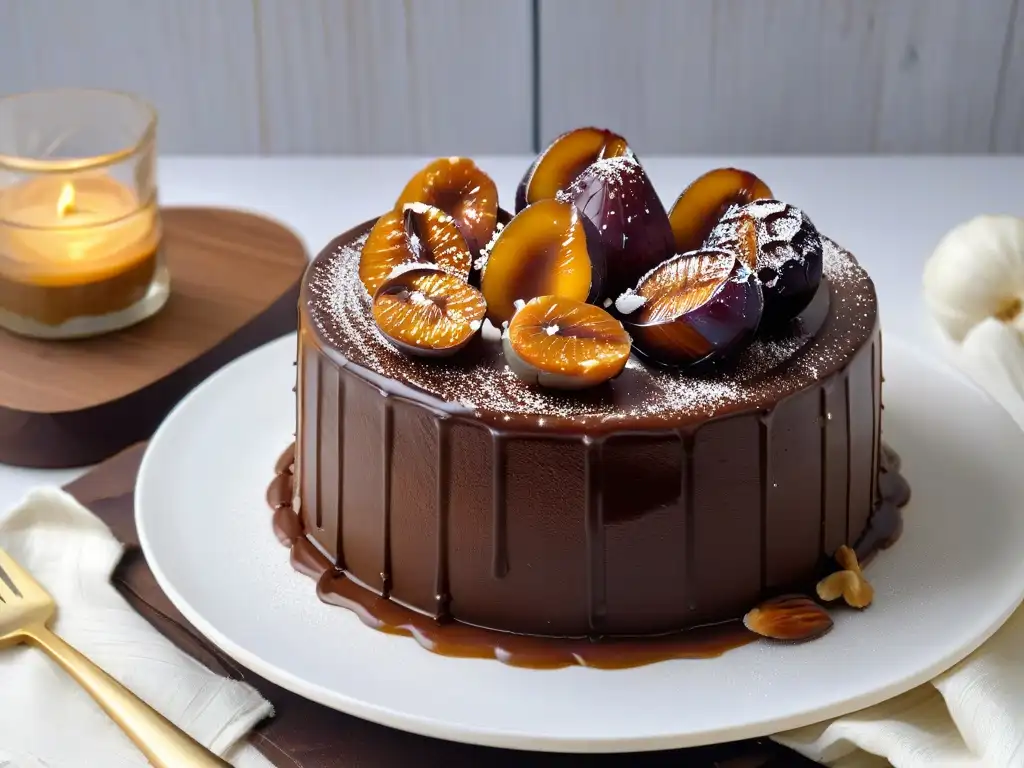 Un exquisito pastel de chocolate con salsa de caramelo de dátiles, nueces y sal marina, en un plato minimalista blanco