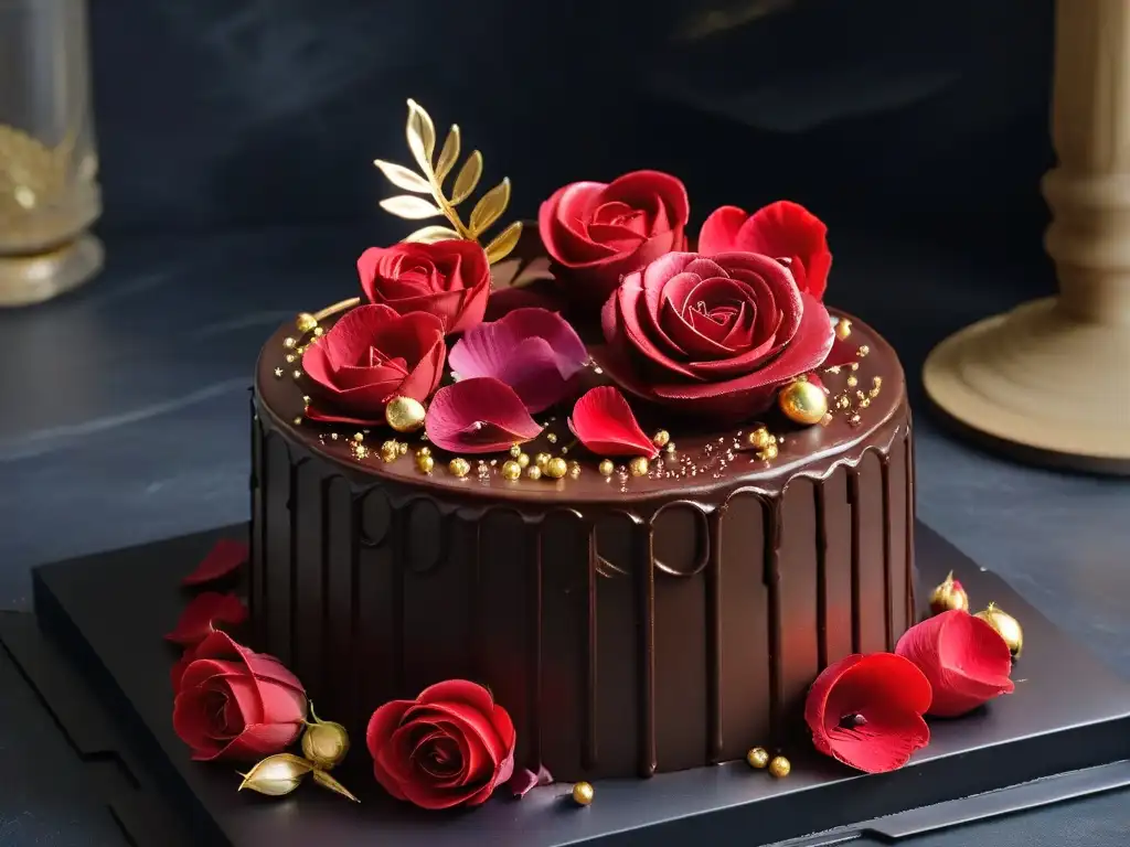 Un exquisito pastel de chocolate rubí tendencia repostería con ganache brillante, pétalos de rosa y hojas de oro sobre mármol negro