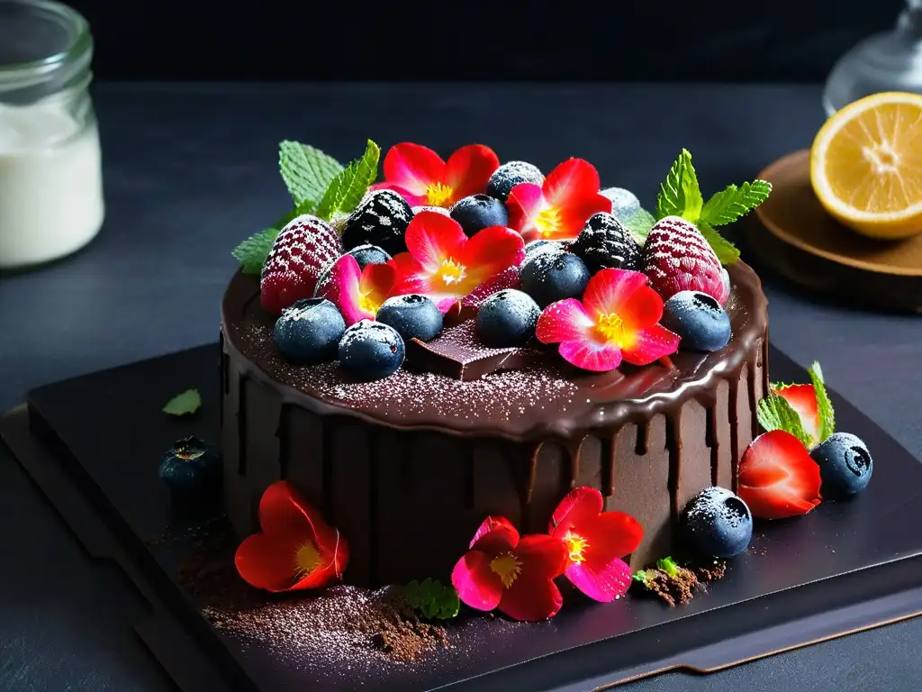 Un exquisito pastel de chocolate vegano rodeado de frutas frescas y flores comestibles en un elegante plato negro mate