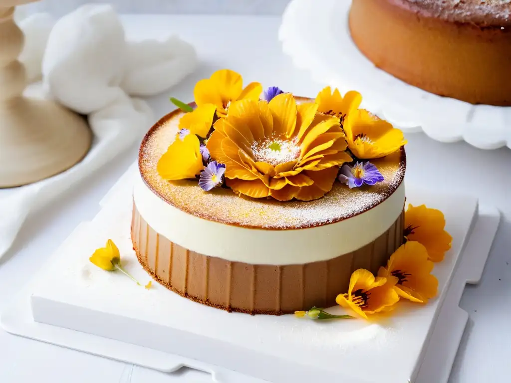 Exquisito pastel de yacón con corteza dorada y flores comestibles