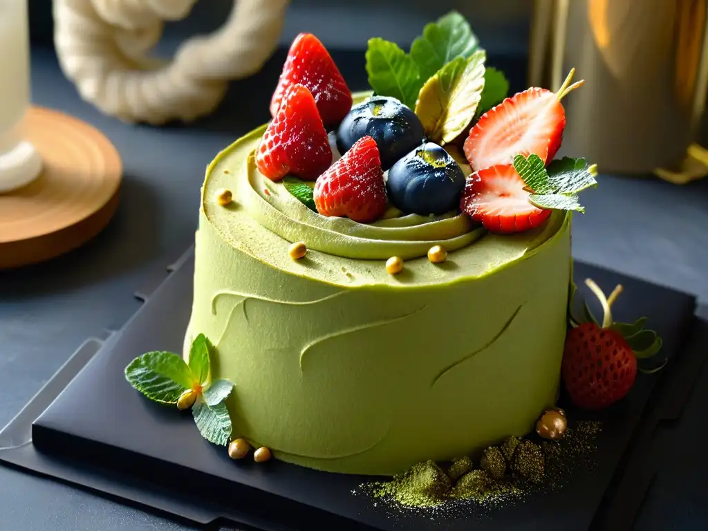 Un exquisito pastel de crepas matcha con hojuelas de oro comestibles, rodeado de pasta de frijol rojo y fresas frescas en un elegante plato negro mate