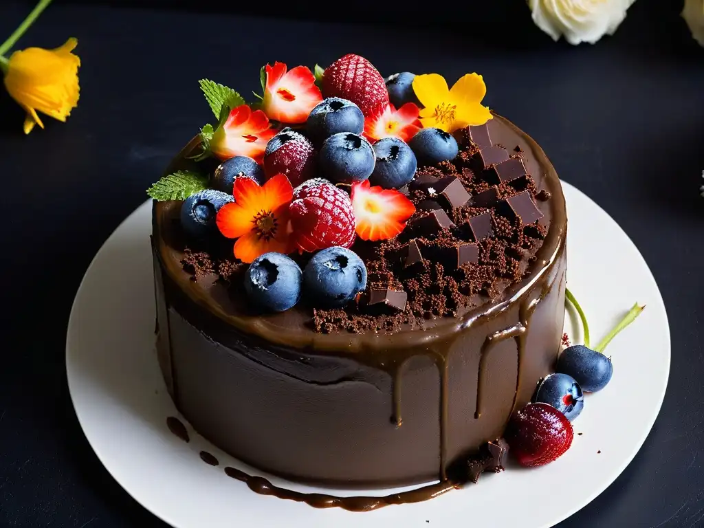 Delicioso pastel de chocolate vegano crudo con frutas y flores Un exquisito pastel crudo vegano de chocolate con frutas y flores comestibles