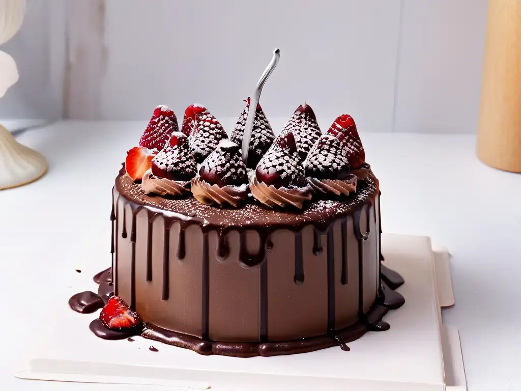 Un exquisito pastel de cumpleaños de chocolate decadente con ganache, frambuesas y virutas, en un fondo blanco