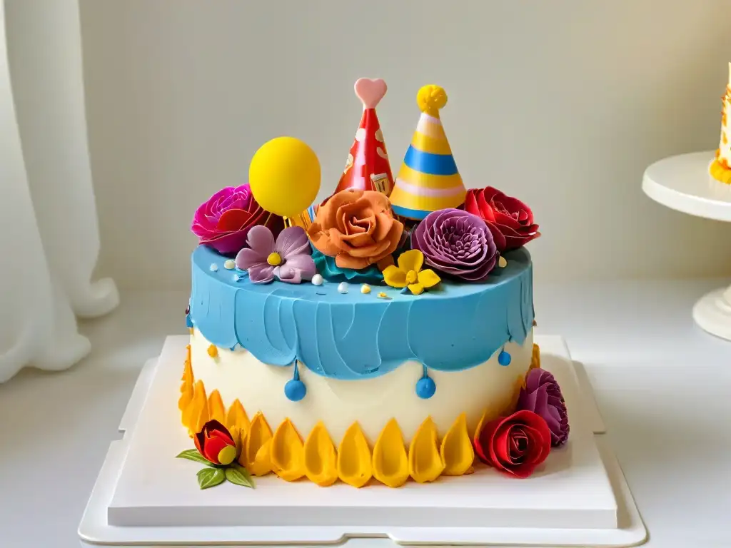 Exquisita tarta de cumpleaños decorada con detalle Exquisito pastel de cumpleaños decorado con detalle y color