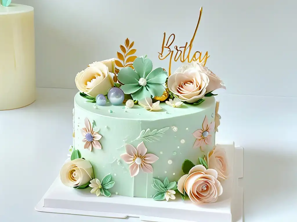 Un exquisito pastel de cumpleaños elegantemente decorado con detalles en tonos pastel, flores de azúcar y perlas comestibles