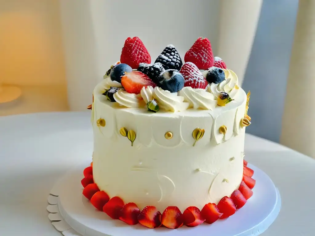 Exquisito pastel de cumpleaños sin horno decorado con flores comestibles y hojas de oro sobre un elegante soporte de mármol