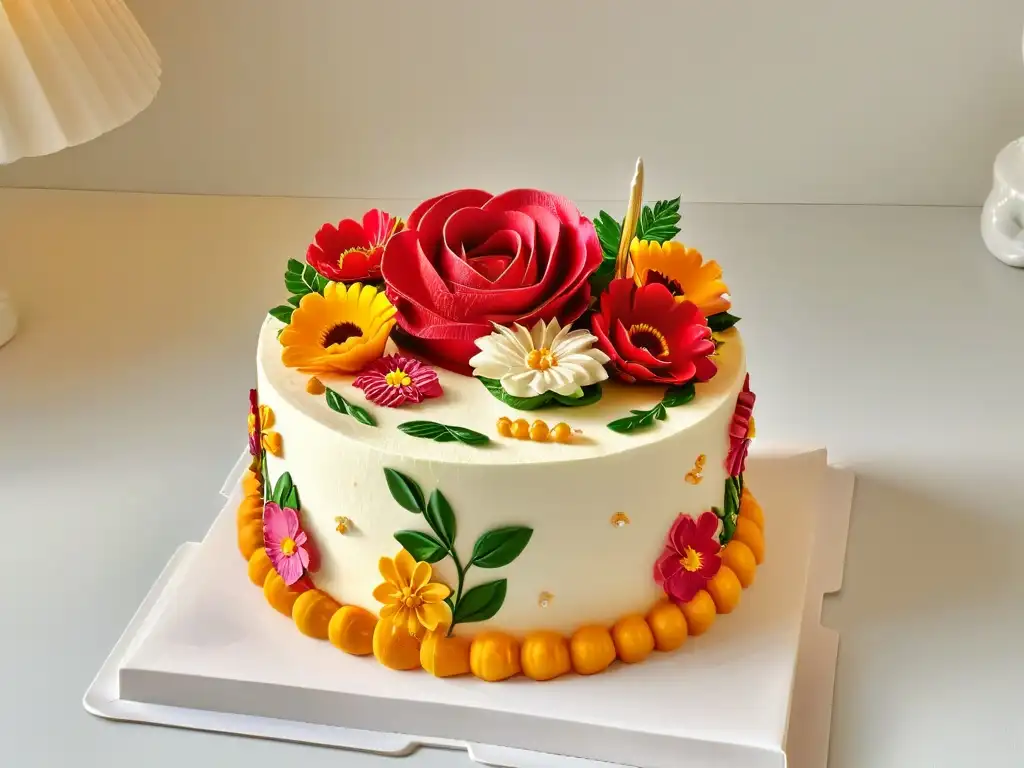 Un exquisito pastel de cumpleaños tradicional decorado con detalles florales y símbolos culturales de todo el mundo