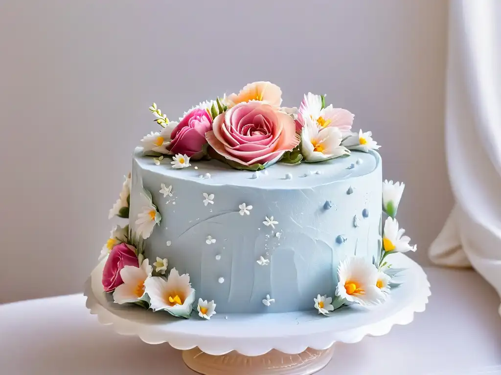 Un exquisito pastel con decoraciones florales en tonos pastel, listo para concursos de repostería