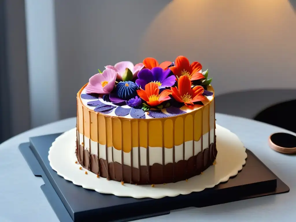 Un exquisito pastel decorado por Christina Tosi con flores comestibles y detalles de repostería, reflejando elegancia y sofisticación