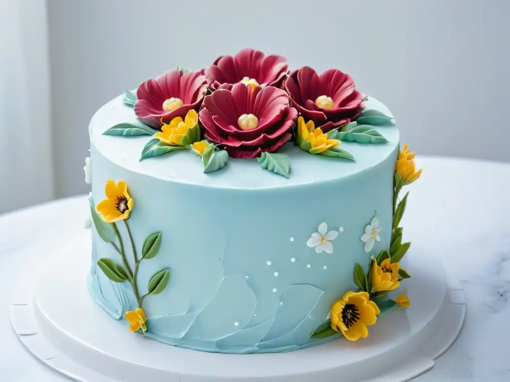 Un exquisito pastel decorado en detalle con flores de fondant y detalles en oro comestible en una encimera de mármol