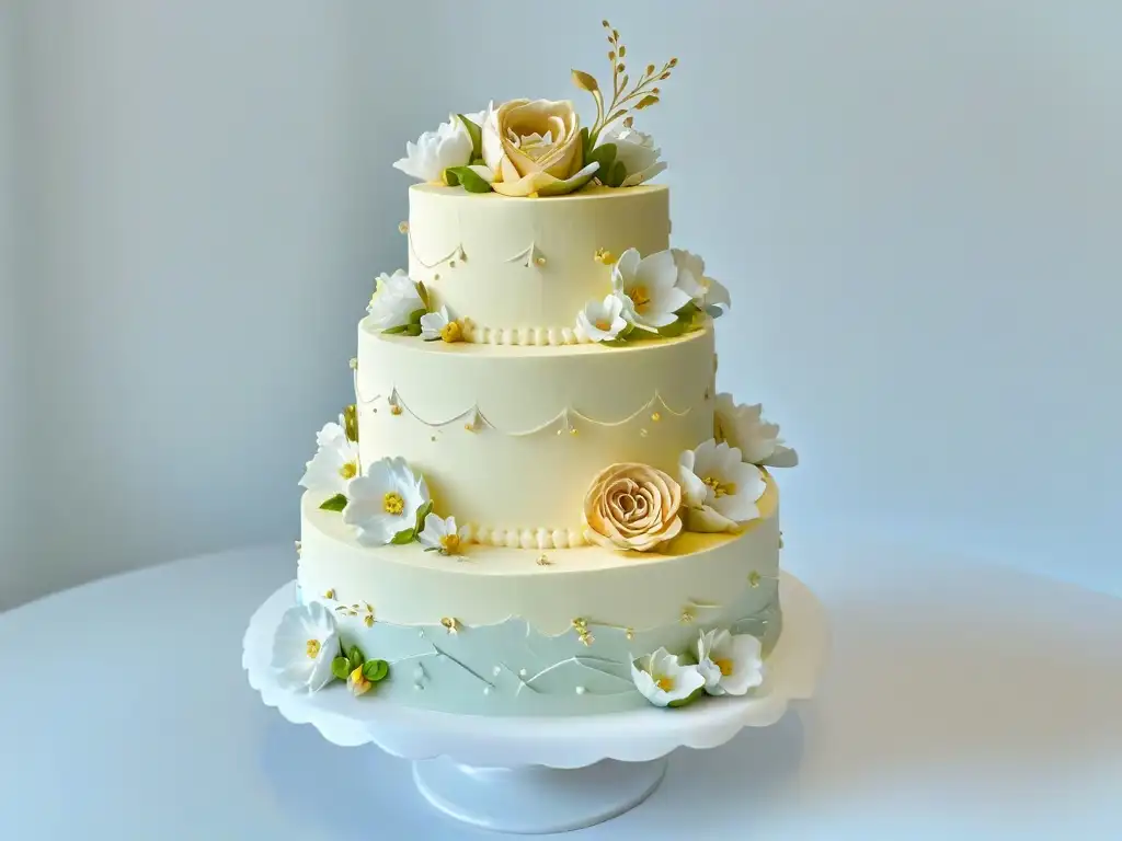 Exquisito pastel decorado con detalles intrincados y flores de azúcar, sobre base moderna