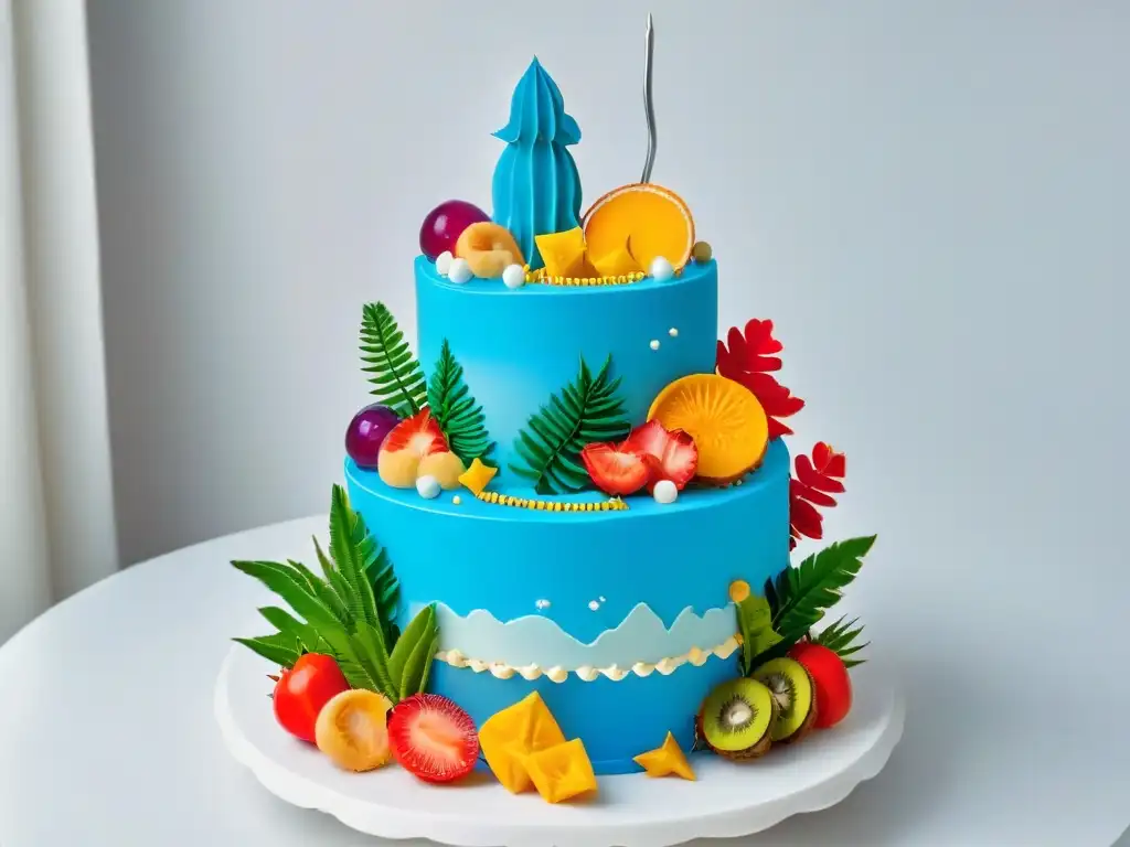 Un exquisito pastel decorado con detalles en fondant vibrantes, perfecto para postres de fiestas temáticas