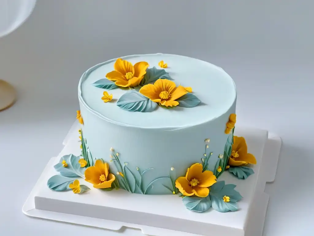 Exquisito pastel decorado con detalles sofisticados y flores comestibles, destacando el éxito en la medición de productos de repostería