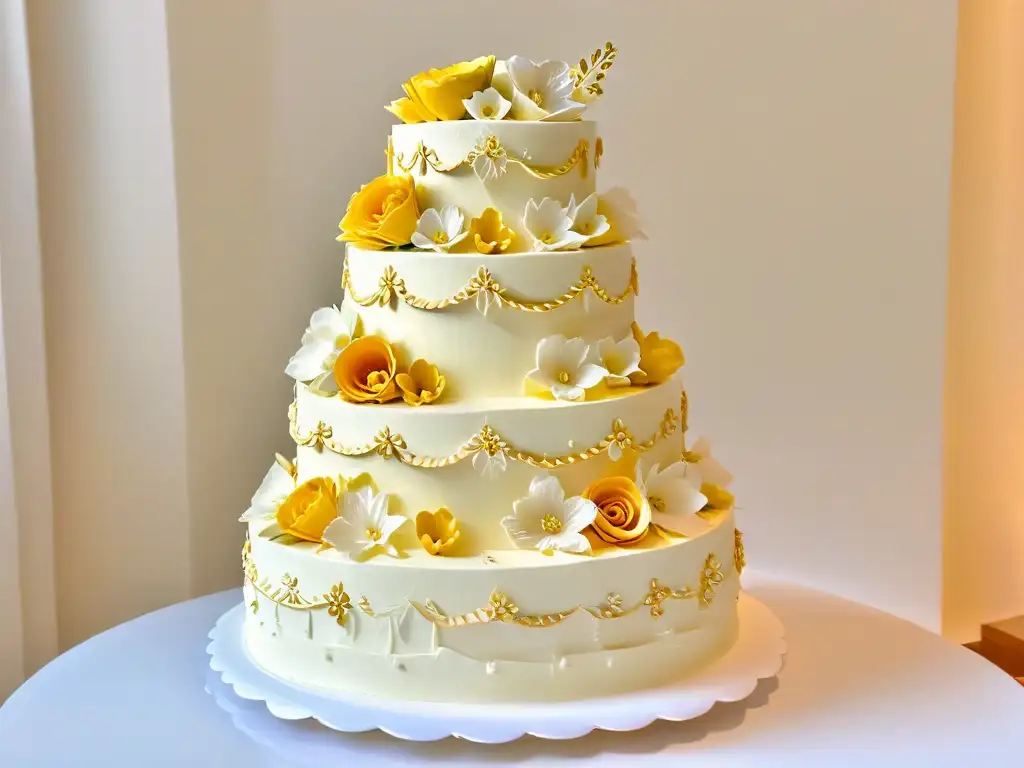 Un exquisito pastel decorado con detalles intrincados y flores de azúcar, destacando en un soporte blanco elegante