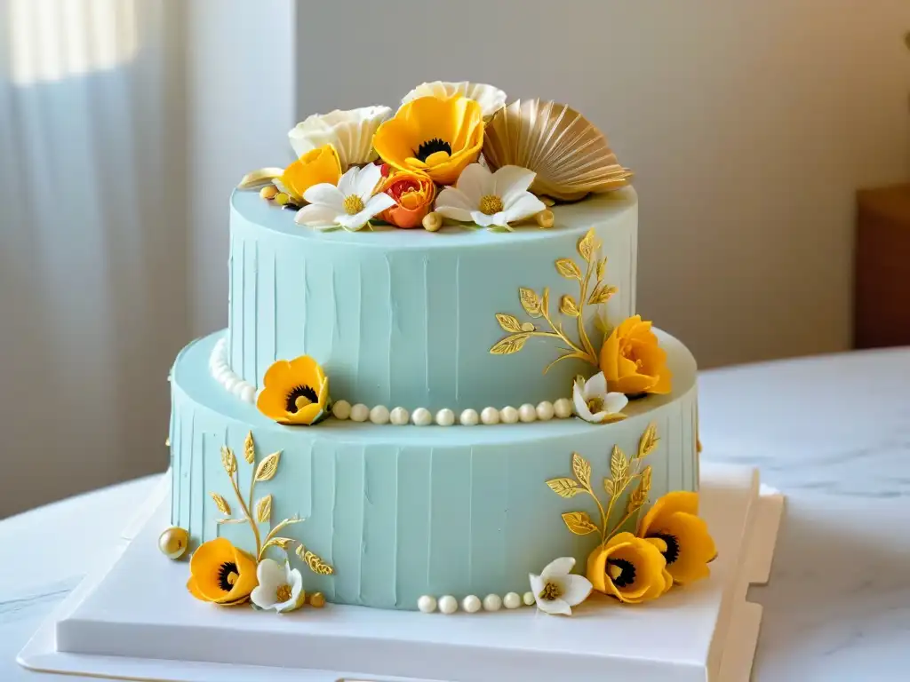 Un exquisito pastel decorado con detalles intrincados y flores de azúcar, en un elegante mostrador de mármol